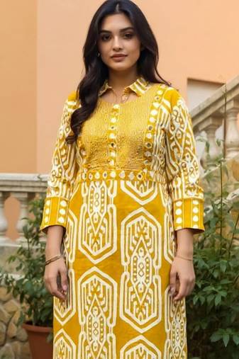 Geometric Printed  Cotton Straight Kurta With Trousers