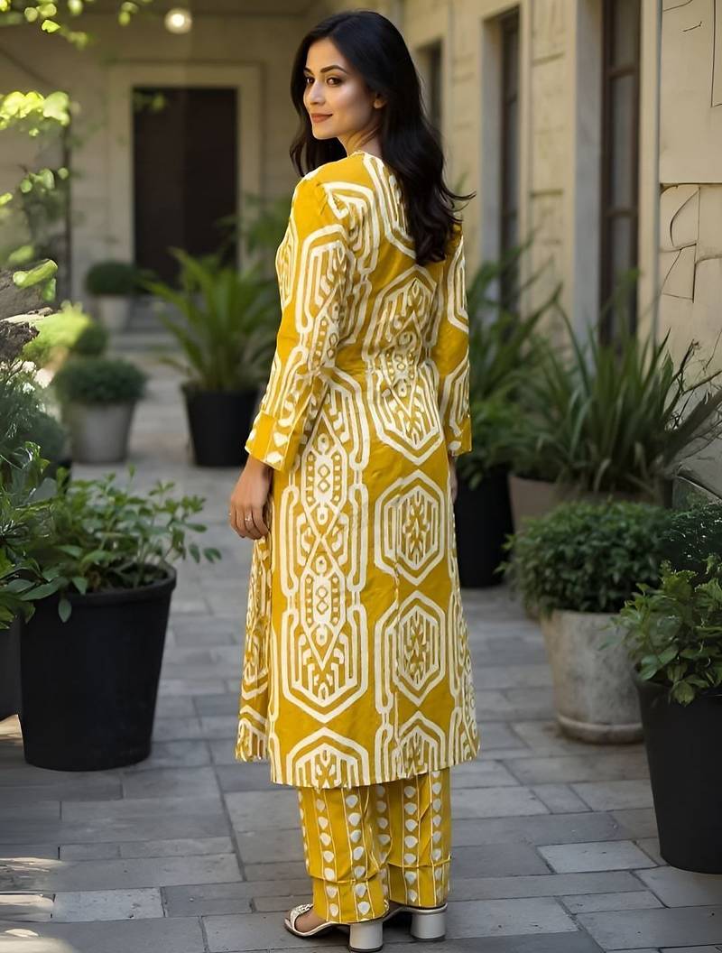 Geometric Printed Pure Cotton Straight Kurta With Trousers