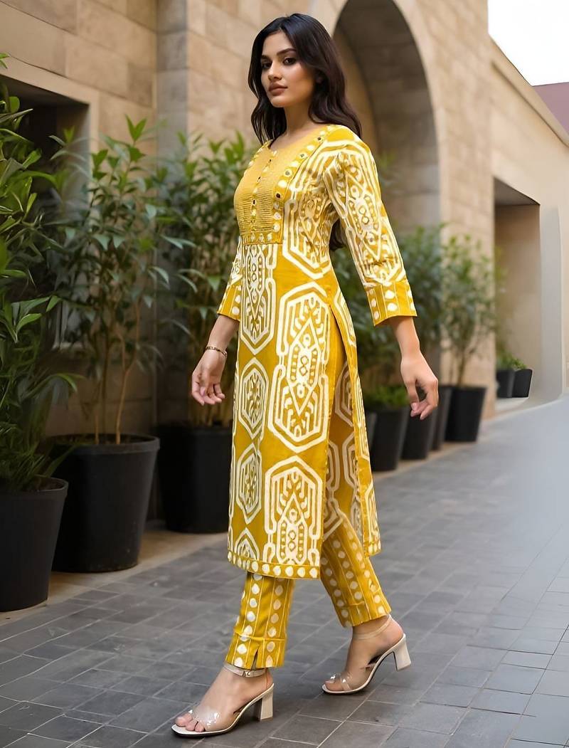 Geometric Printed Pure Cotton Straight Kurta With Trousers