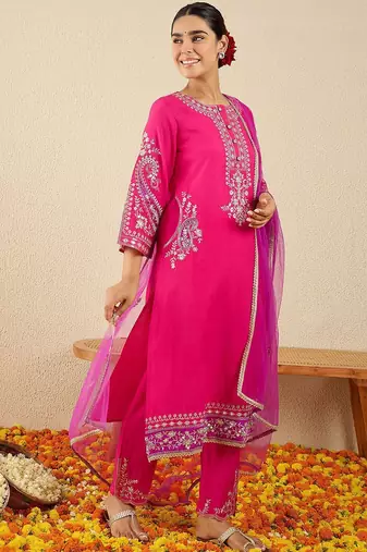 Women Ethnic Motifs Embroidered Regular Kurta Set With Dupatta