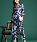 Floral PrintedV-Neck  Cotton Straight Kurta With Trousers
