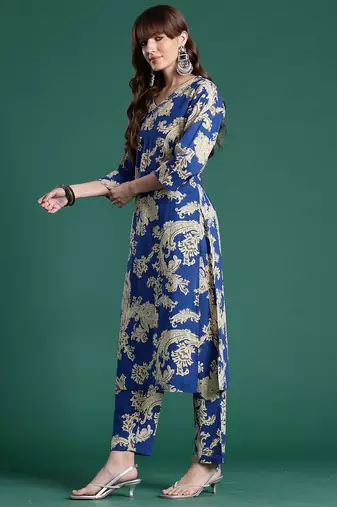 Floral PrintedV-Neck Pure Cotton Straight Kurta With Trousers