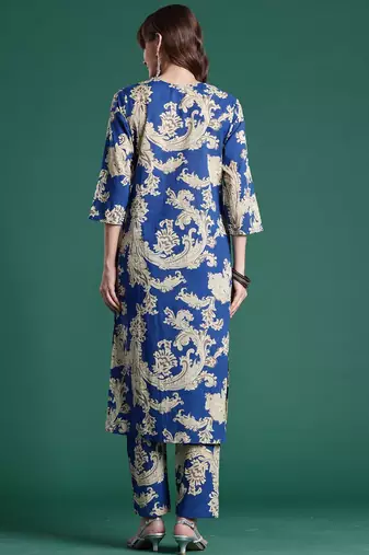Floral PrintedV-Neck Pure Cotton Straight Kurta With Trousers