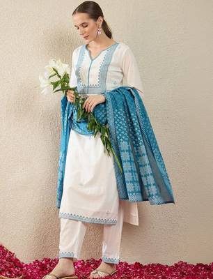 Women Ethnic Motifs Embroidered Regular Thread Work Pure Cotton Kurta with Trousers & With Dupatta 1