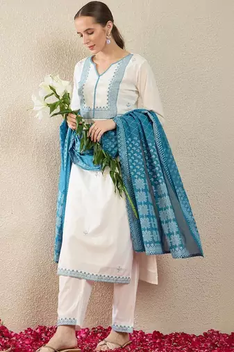 Women Ethnic Motifs Embroidered Regular Thread Work Pure Cotton Kurta with Trousers & With Dupatta