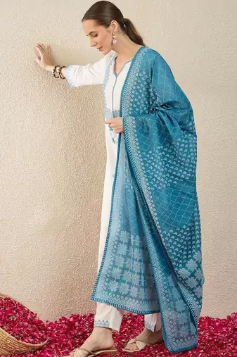 Women Ethnic Motifs Embroidered Regular Thread Work Pure Cotton Kurta with Trousers & With Dupatta