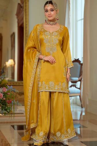 Women Ethnic Motifs Embroidered Regular Thread Work Kurta with Sharara & With Dupatta