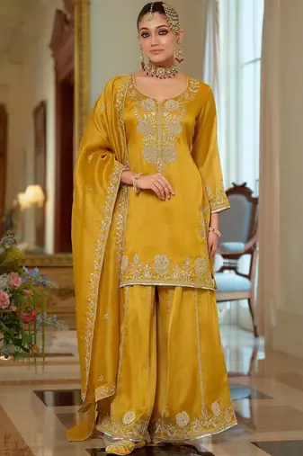 Women Ethnic Motifs Embroidered Regular Thread Work Kurta with Sharara & With Dupatta