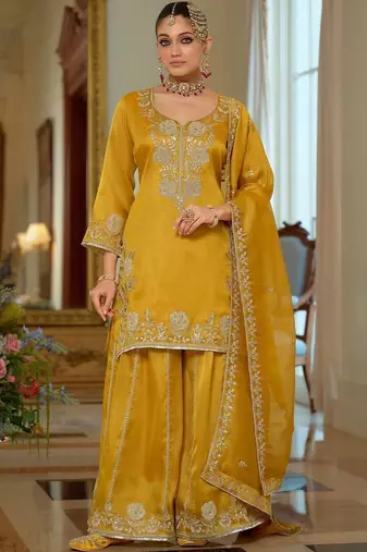Women Ethnic Motifs Embroidered Regular Thread Work Kurta with Sharara & With Dupatta