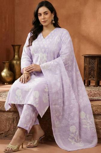 Plus Size Regular Patchwork Pure Cotton Kurta with Trousers & Dupatta