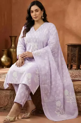 Plus Size Regular Patchwork Pure Cotton Kurta with Trousers & Dupatta