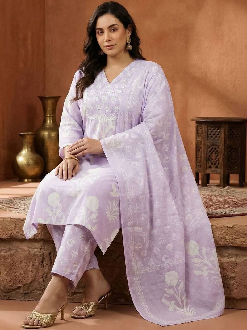 Plus Size Regular Patchwork Pure Cotton Kurta with Trousers & Dupatta