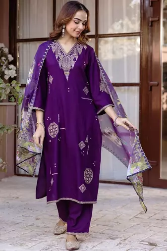 Women Ethnic Motifs Embroidered Regular Thread Work Kurta with Trousers & With Dupatta