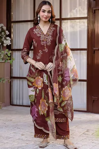 Women Ethnic Motifs Embroidered Regular Thread Work Kurta with Trousers & With Dupatta