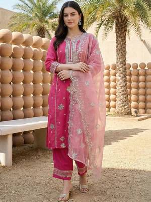 Women Ethnic Motifs Embroidered Regular Thread Work Kurta with Trousers & With Dupatta 1