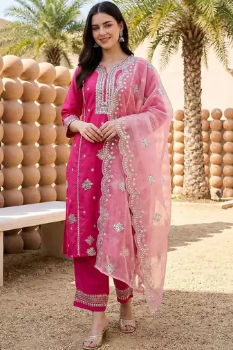 Women Ethnic Motifs Embroidered Regular Thread Work Kurta with Trousers & With Dupatta