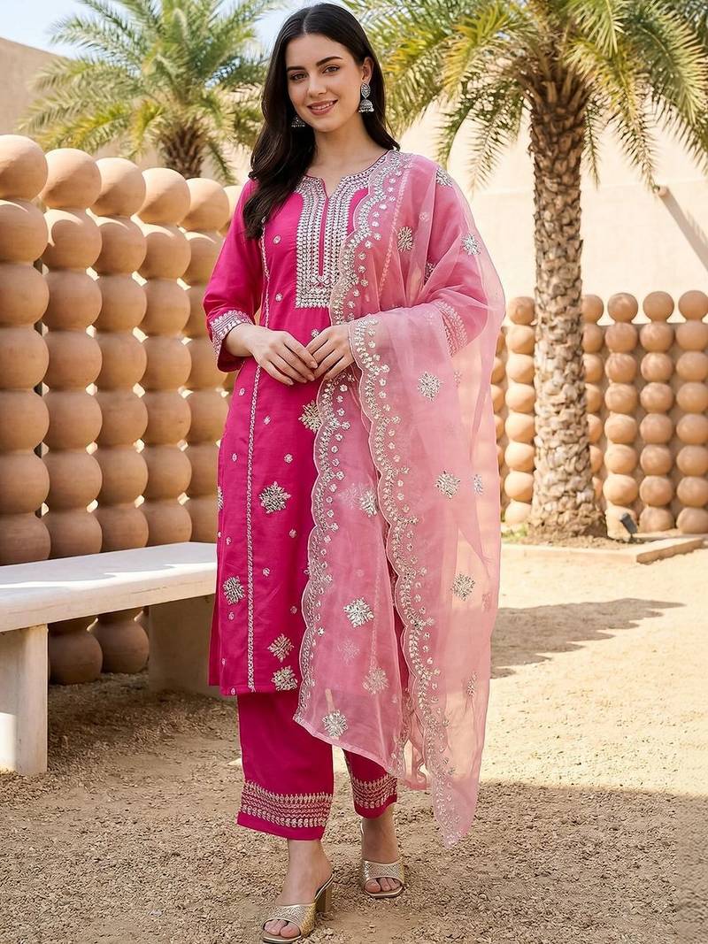 Women Ethnic Motifs Embroidered Regular Thread Work Kurta with Trousers & With Dupatta
