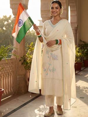 Women Ethnic Motifs Embroidered Regular Thread Work Pure Cotton Kurta with Trousers & With Dupatta 1