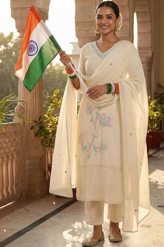 Women Ethnic Motifs Embroidered Regular Thread Work Pure Cotton Kurta with Trousers & With Dupatta