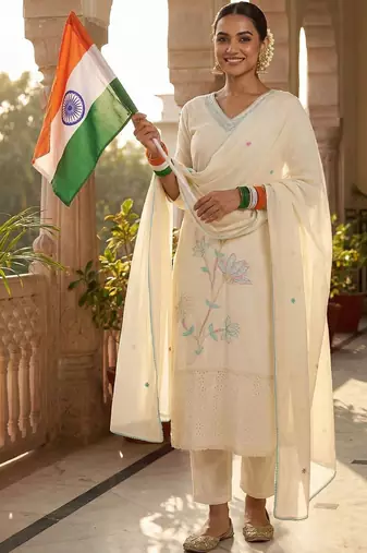 Women Ethnic Motifs Embroidered Regular Thread Work Pure Cotton Kurta with Trousers & With Dupatta