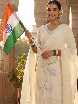 Women Ethnic Motifs Embroidered Regular Thread Work Pure Cotton Kurta with Trousers & With Dupatta 2