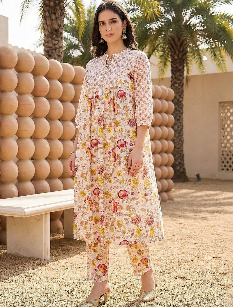 Women Floral Printed Empire Pure Cotton Kurta with Trousers