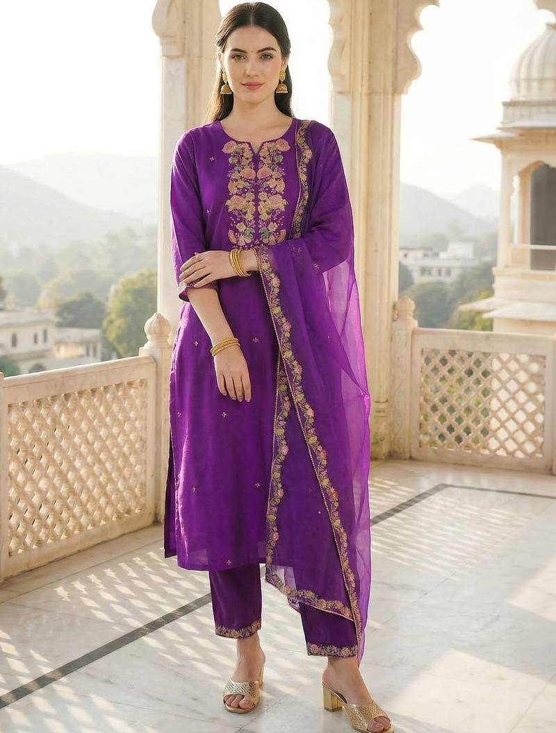 Women Floral Embroidered Regular Thread Work Liva Kurta with Trousers & With Dupatta