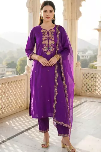 Women Floral Embroidered Regular Thread Work Liva Kurta with Trousers & With Dupatta