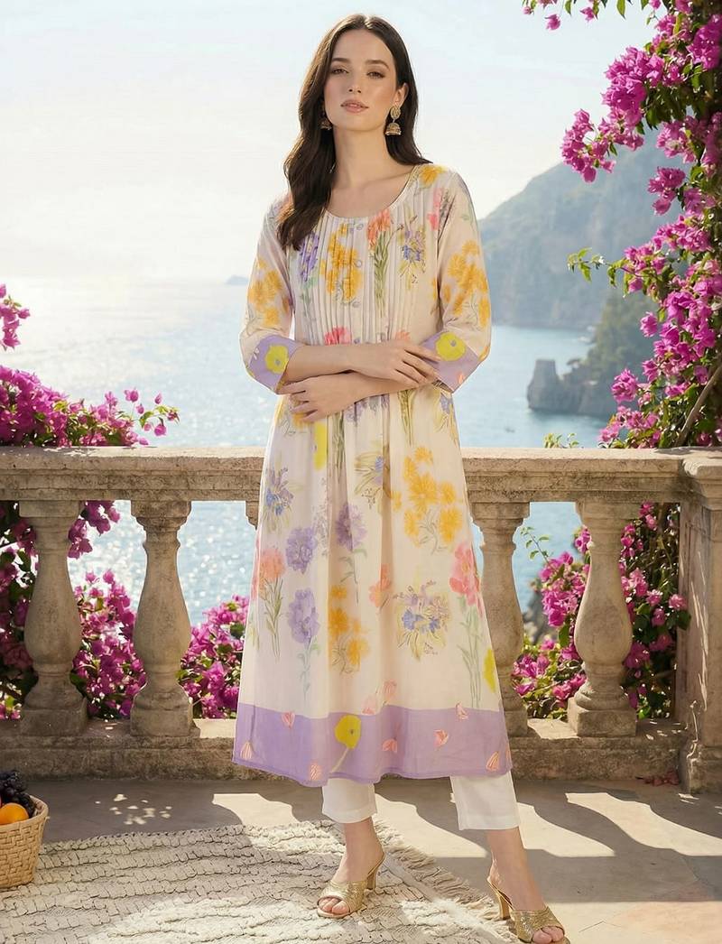 Women Floral Printed Pleated Pure Cotton Kurta with Trousers