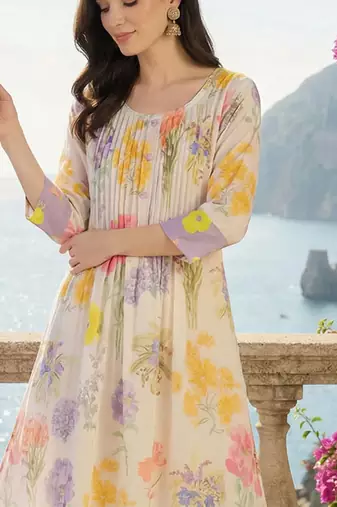 Women Floral Printed Pleated Pure Cotton Kurta with Trousers