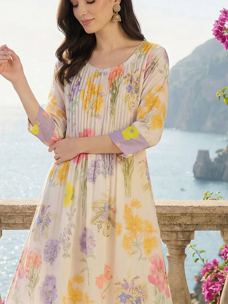 Women Floral Printed Pleated Pure Cotton Kurta with Trousers