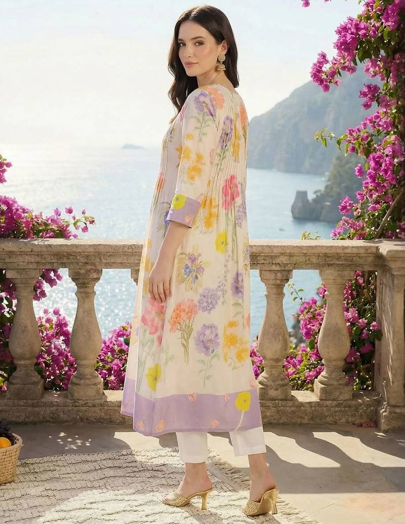 Women Floral Printed Pleated Pure Cotton Kurta with Trousers