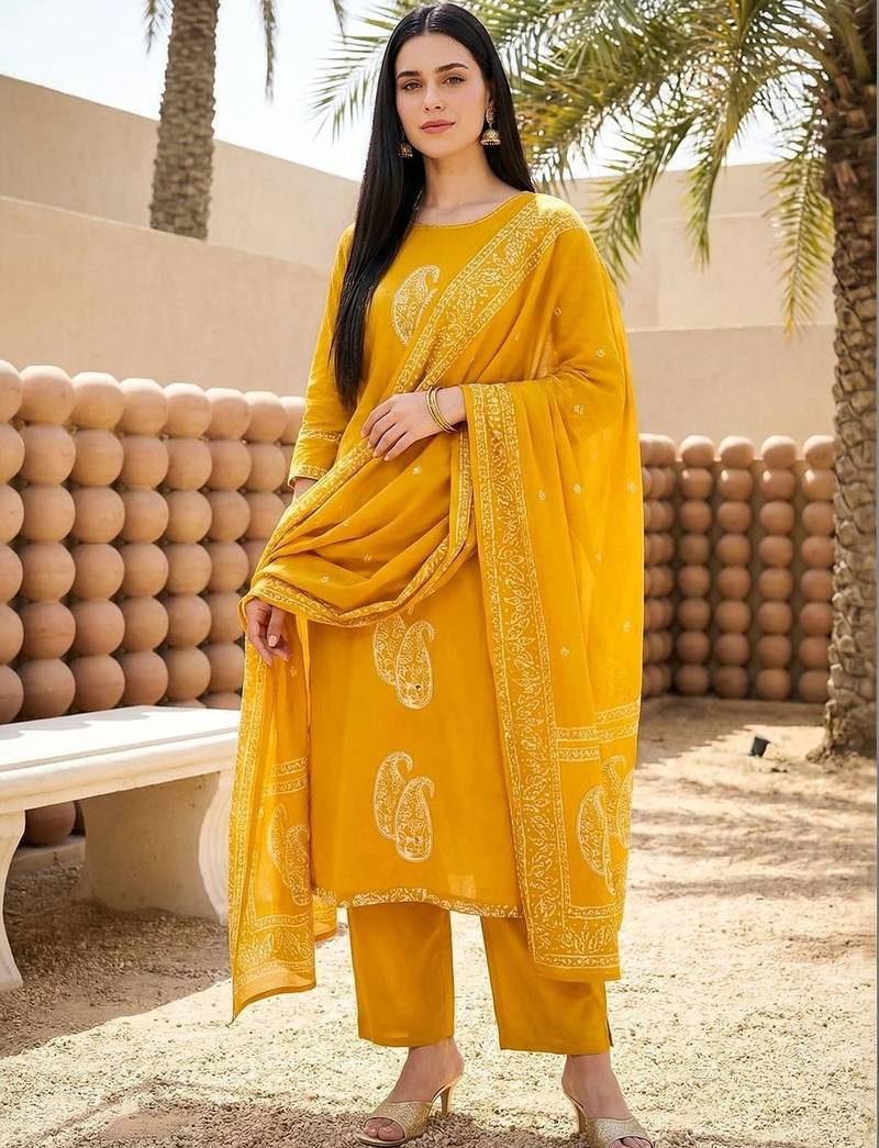 Women Paisley Printed Regular Thread Work Pure Cotton Kurta with Trousers & With Dupatta