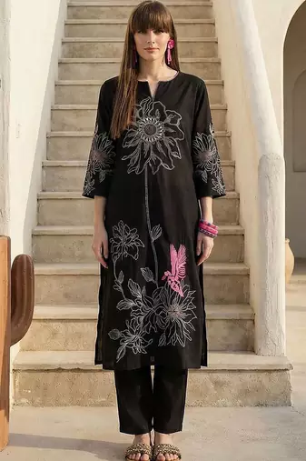 Women Floral Embroidered Regular Thread Work Pure Cotton Kurta with Trousers