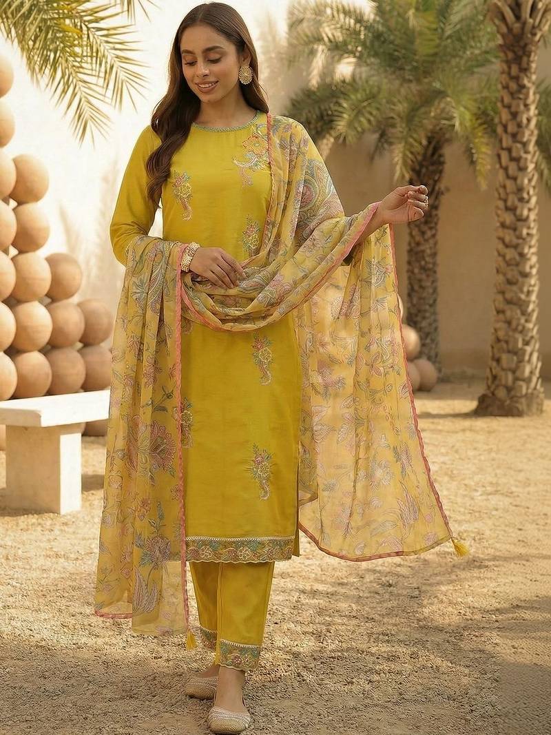 Women Floral Embroidered Regular Thread Work Kurta with Trousers & With Dupatta