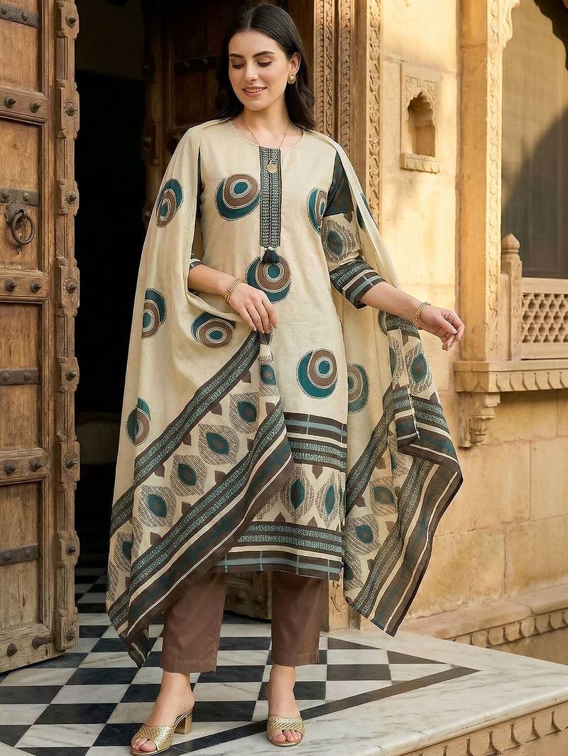 Women Printed Regular Thread Work Pure Cotton Kurta with Trousers & With Dupatta