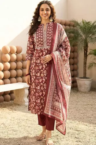 Women Floral Printed Regular Gotta Patti Pure Cotton Kurta with Trousers & With Dupatta