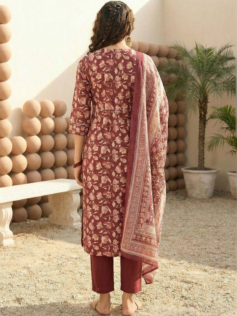 Women Floral Printed Regular Gotta Patti Pure Cotton Kurta with Trousers & With Dupatta