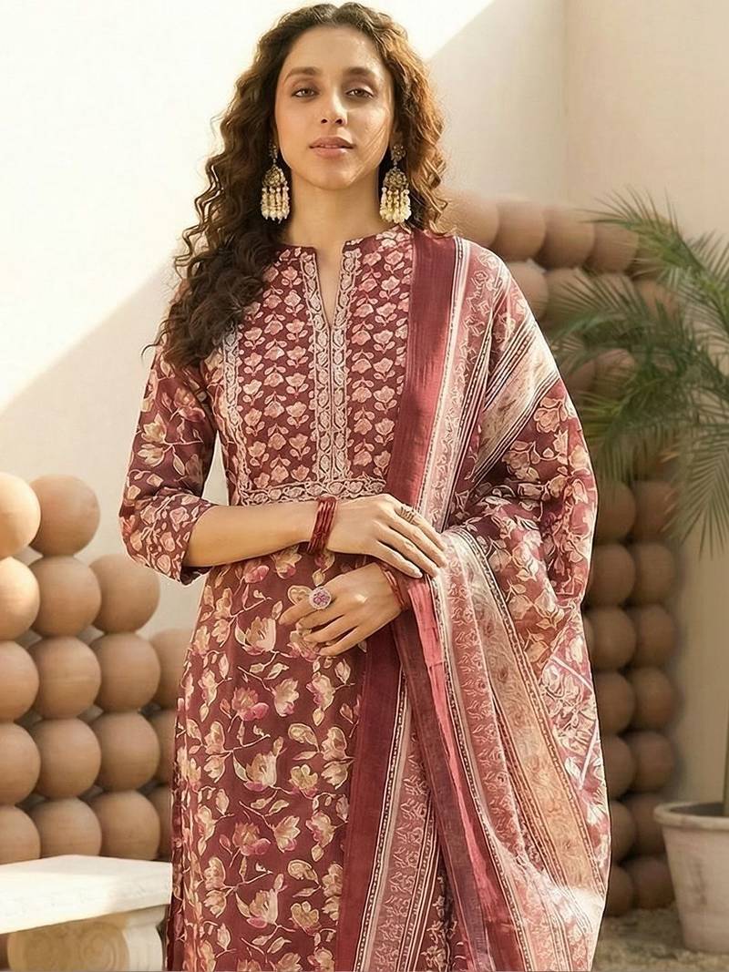 Women Floral Printed Regular Gotta Patti Pure Cotton Kurta with Trousers & With Dupatta