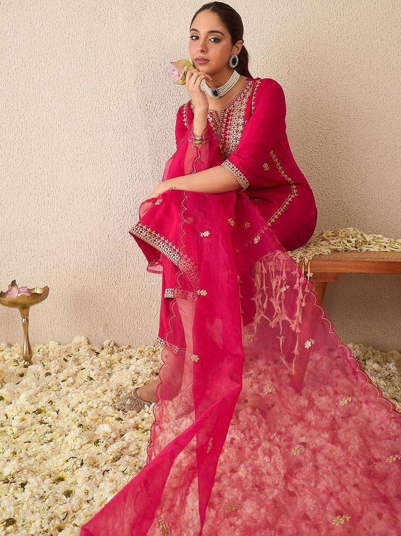 Women Ethnic Motifs Embroidered Regular Gotta Patti Kurta with Trousers & With Dupatta