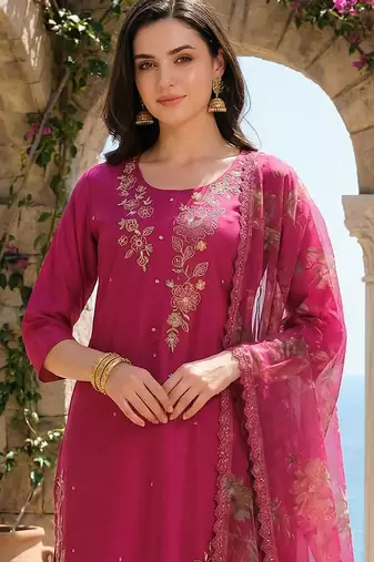 Women Floral Embroidered Regular Thread Work Liva Kurta with Trousers & With Dupatta