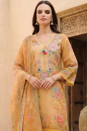Women Floral Printed Regular Thread Work Linen Kurta with Trousers & With Dupatta