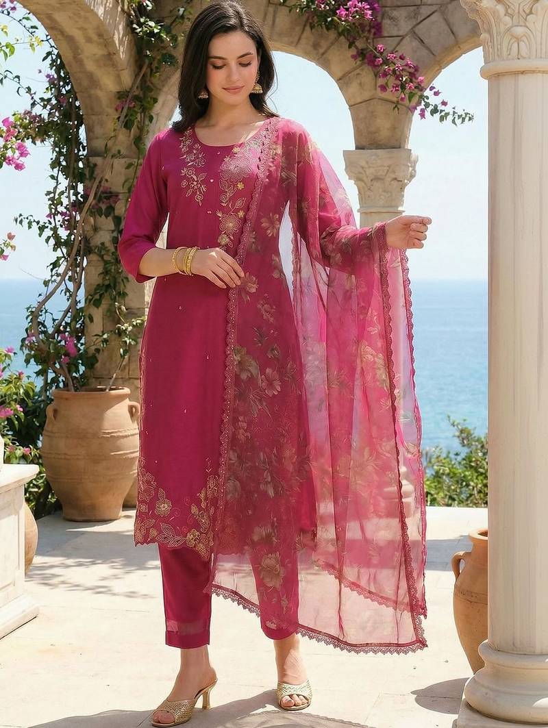 Women Floral Embroidered Regular Thread Work Liva Kurta with Trousers & With Dupatta