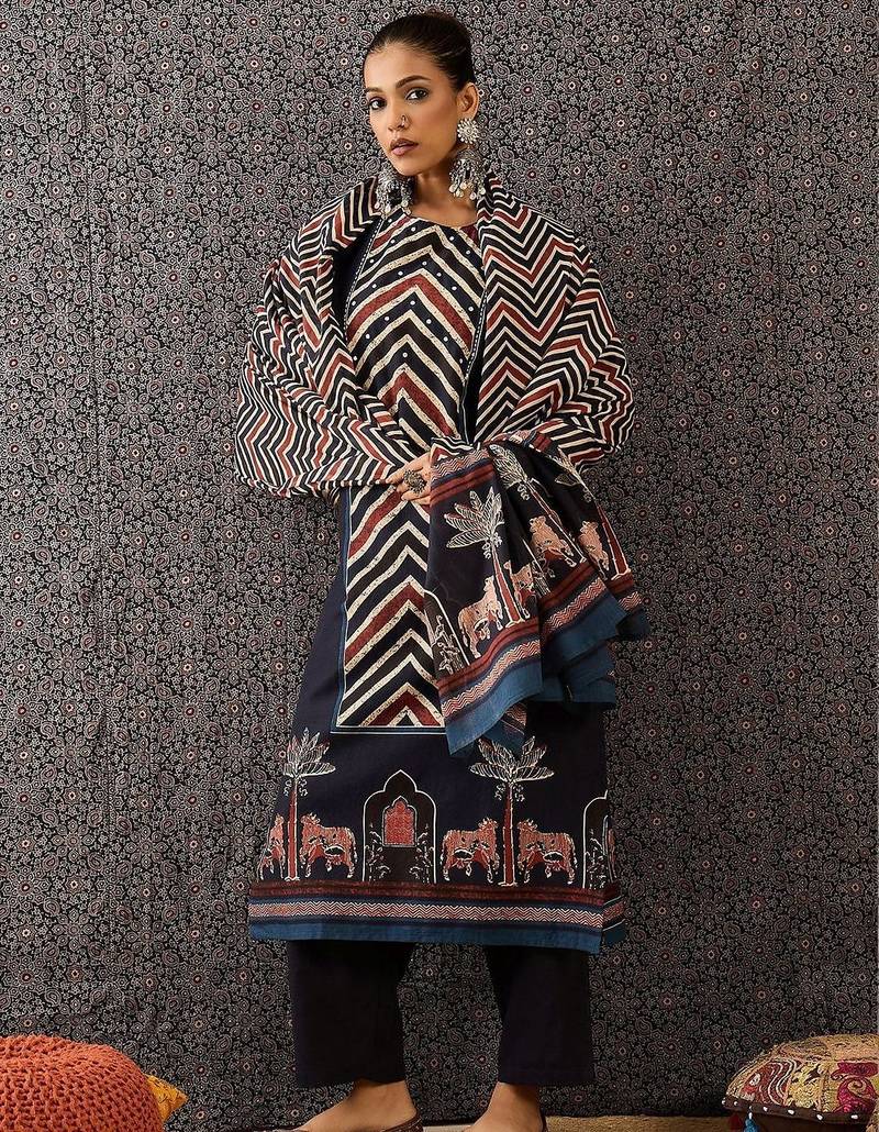 Women Ethnic Motifs Printed Regular  Cotton Kurta with Trousers & With Dupatta