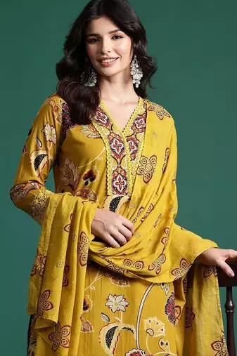 Women Floral Printed Regular Thread Work Pure Cotton Kurta with Trousers & With Dupatta