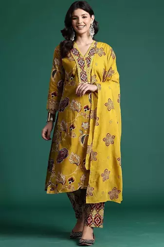 Women Floral Printed Regular Thread Work Pure Cotton Kurta with Trousers & With Dupatta
