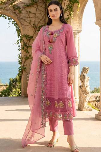 Women Floral Embroidered Regular Sequinned  Cotton Kurta with Trousers & With Dupatta