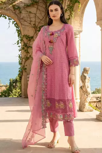 Women Floral Embroidered Regular Sequinned  Cotton Kurta with Trousers & With Dupatta