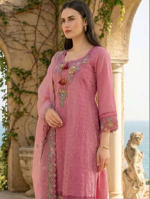 Women Floral Embroidered Regular Sequinned  Cotton Kurta with Trousers & With Dupatta 2
