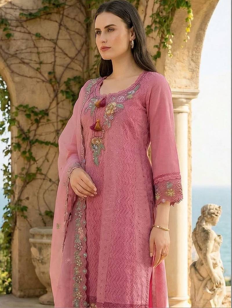 Women Floral Embroidered Regular Sequinned  Cotton Kurta with Trousers & With Dupatta